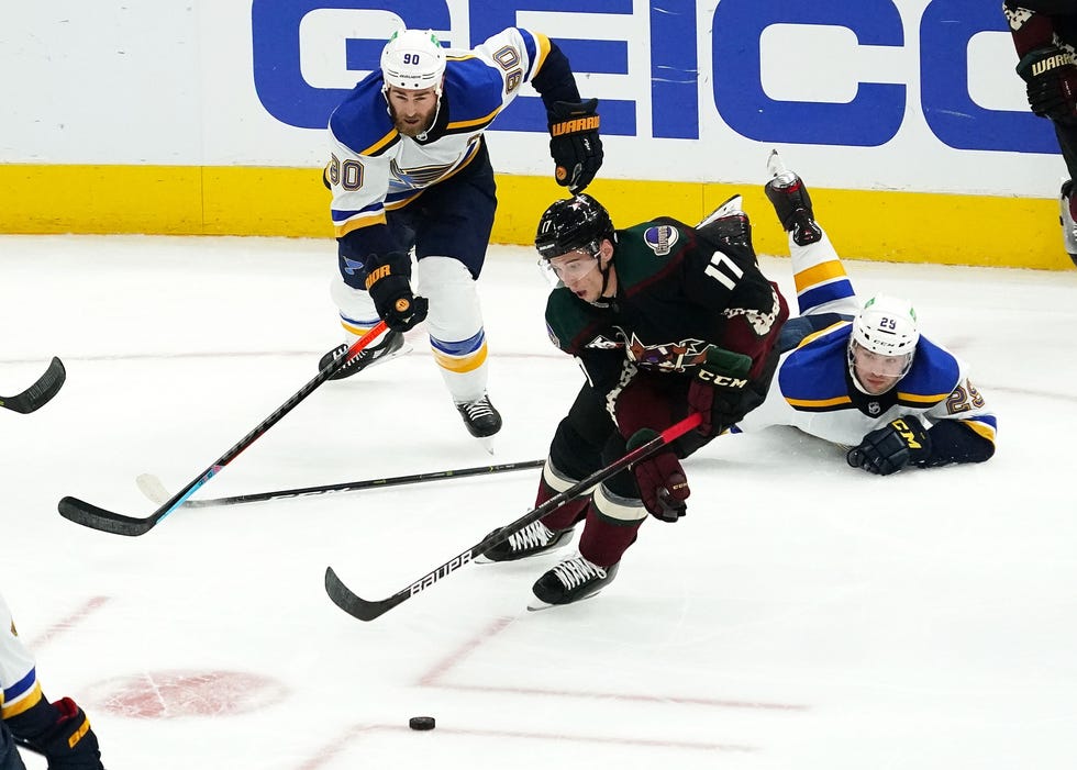Feb 15, 2021; Glendale, Arizona, USA; Arizona Coyotes center Tyler Pitlick (17) chases the puck against St. Louis Blues defenseman Vince Dunn (29) in the first period at Gila River Arena. Mandatory Credit: Rob Schumacher-Arizona Republic